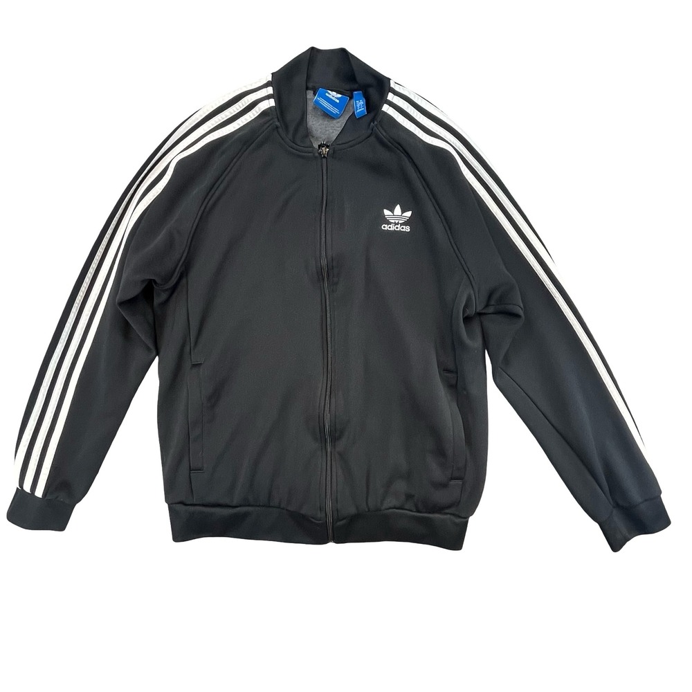 Adidas Mens Track Jacket Black 3-Stripes Trefoil Logo Retro Sporty Streetwear L
